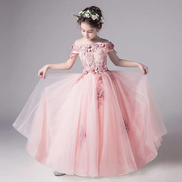 3 Farben: Traumhaftes Blumenmädchenkleid mit Blütenapplikationen